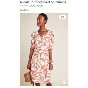 Anthropologie Nicole Puff-Sleeved Shirtdress Orange Pink Palm Leaf Print Belted